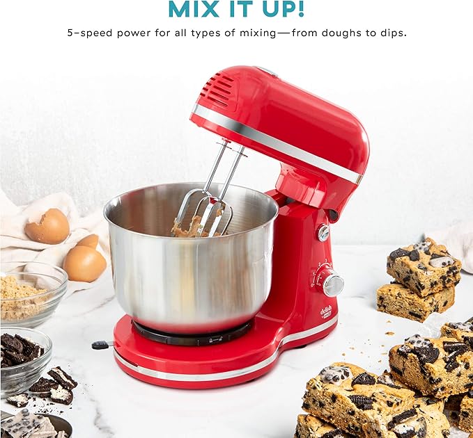 Delish by Dash Stand Mixer - Compact Mixer for Everyday Baking - 5-Speed Power with Removable Mixing Bowl - Dough Hooks Included - Red, 3.5-Quart