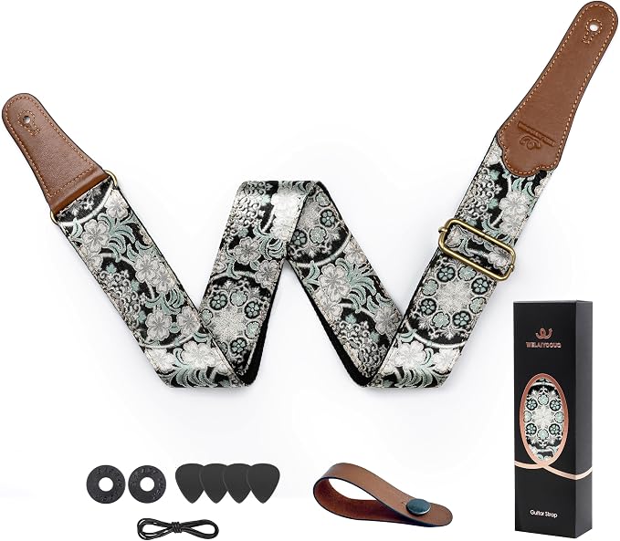 Guitar Strap, Electric& Acoustic bass Guitar Straps,Embroidered Filament with Head Cowhide Leather Strap, with Free Strap Button,2 Guitar Strap Locks，4Guitar Pick (Green Floral Print)