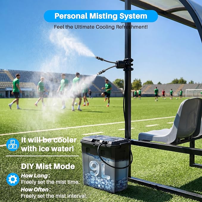 Ausic Portable Misting System, Battery Powered Outdoor Water Mister with 9L Bucket & Rechargeable Pump (Consecutive 8Hrs), Misters for Outside Patio Cooling, for Sports, Camping, Tailgating, Umbrella