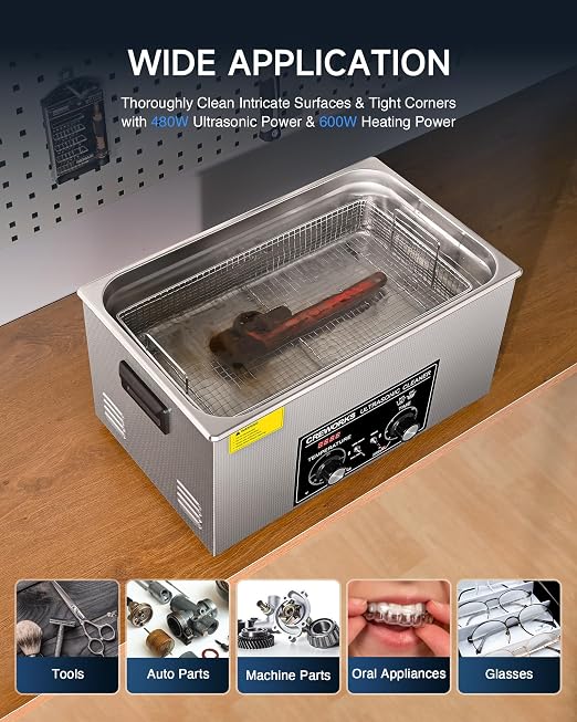 CREWORKS 22L Ultrasonic Cleaner with Heater and Timer, 480W Stainless Steel Ultrasonic Cleaner Machine with Degas & Gentle Modes, Ultrasonic Parts Cleaner with Knob Control for Machine Part Auto Tool