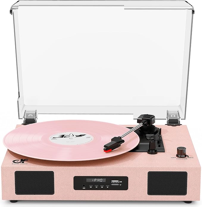 Vinyl Record Player Vintage Wireless Bluetooth Record Player with Enhanced Speakers, USB Recording, LP Player with 3-Speed Belt Drive Turntable Support RCA Line-Out AUX Input EQ,Pink