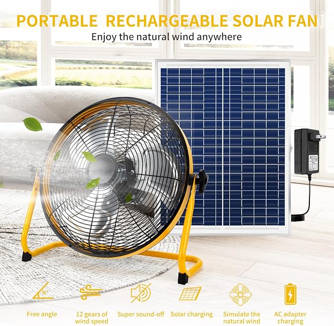 Solar Powered Rechargeable Fan 16", Whisper Quiet 15dB, 50Hr Runtime for Home Office Camping
