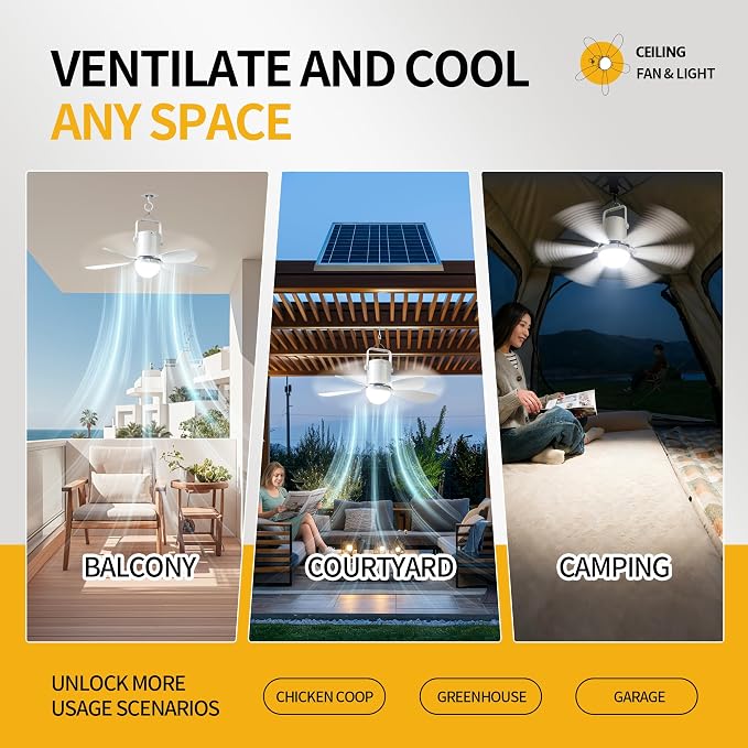17'' Ceiling Fan with Light and Remote, 10800mAh Battery Operated Gazebo Fan，Outdoor Hanging Fan for Gazebo, RV，Patio, Camping Tent, Greenhouse,Porch ，Chicken Coop, USB-C Fast Charge