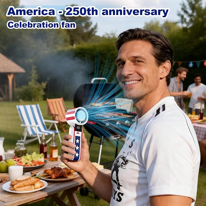 USA 250th Anniversary Celebration Fan Portable cooling with Ice Core technology, lanyard, UL-certified 4000 mAh battery, larger fan head with 9000 RPM for noise reduction