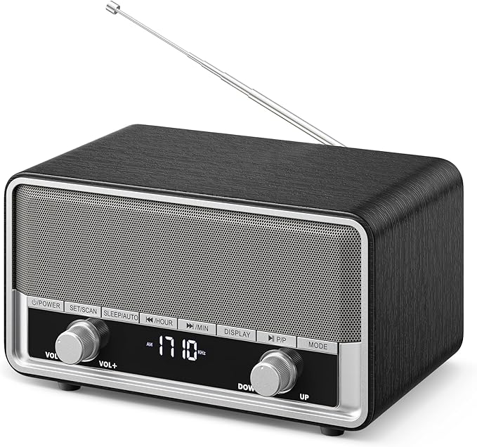 Vintage Wood AM FM Radio with Bluetooth, Retro Bluetooth Speaker Radio with LCD Display | 40 Presets | Sleep Timer | No Alarm for Office,Home, Kitchen (Space Black)