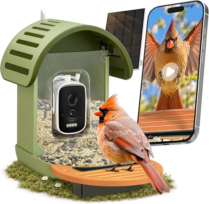 Smart Bird Feeder with Camera, 2.5K UHD Bird Feeder Camera Solar Powered, Sensitive AI Identification, Instant Alerts Capture Video, IP66 Waterproof Bird-Watching Feeder, Ideal Gift for Dad, Green