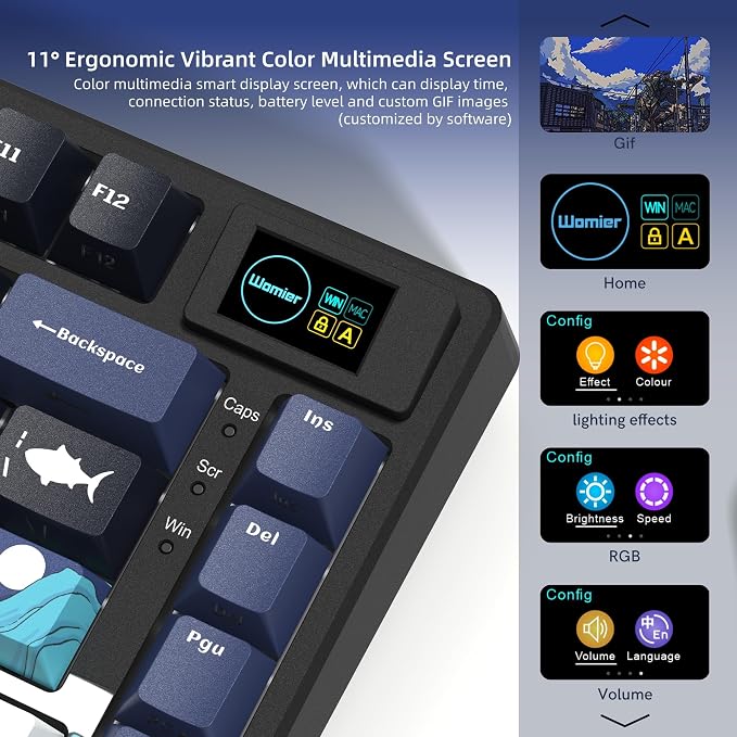 Womier SK80 75% Keyboard with Color Multimedia Display Mechanical Gaming Keyboard Creamy Sound, Wired Hot Swappable Gasket Mount RGB Custom Key Board, Pre-lubed Stabilizer for Mac/Win, Black Kanagawa