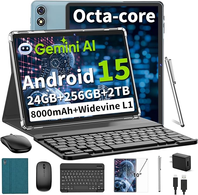 Android 15 Tablet 10 Inch, 2026 Tablet with Keyboard, 24GB+256GB+2TB Expand, Tablets PC with Gemini AI, Octa-Core, 8000mAh, 5G WiFi, Widevine L1, GMS, 2 in 1 Tablets with Case, Mouse, Stylus (Green)