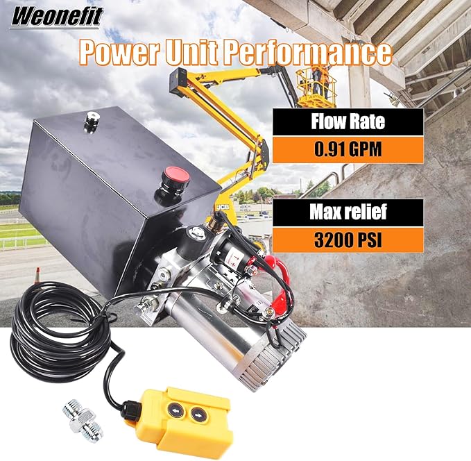 12V DC Hydraulic Pump Power Unit, 0.91 GPM Flow Rate, 8 Quart Metal Reservoir, Single Acting, 3200 PSI Max Pressure, SAE #6 Ports for Dump Trailers, Car Lifts, DIY Hydraulic Systems
