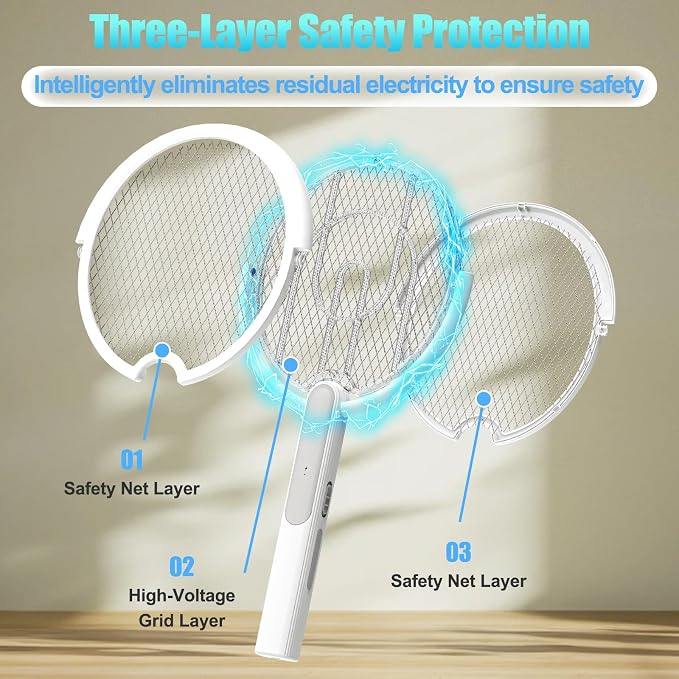 Rotating Head Electric Fly Swatter Racket, Bug Zapper Indoor with Long Telescopic Extension 4000V USB Rechargeable Mosquito Zapper Killer with Charging Base, 3 Modes Automatic & Manual