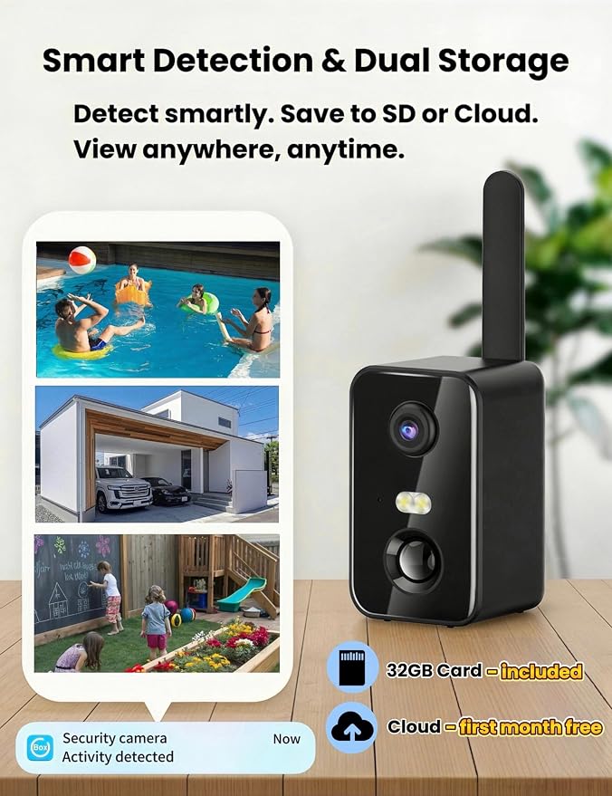 No WiFi Security Camera, 4G LTE Cellular Security Camera Battery Powered with SIM Card & Memory Card, 2K Color Night Vision, Motion Detection, 2-Way Talk, Solar Camera Outdoor Wireless