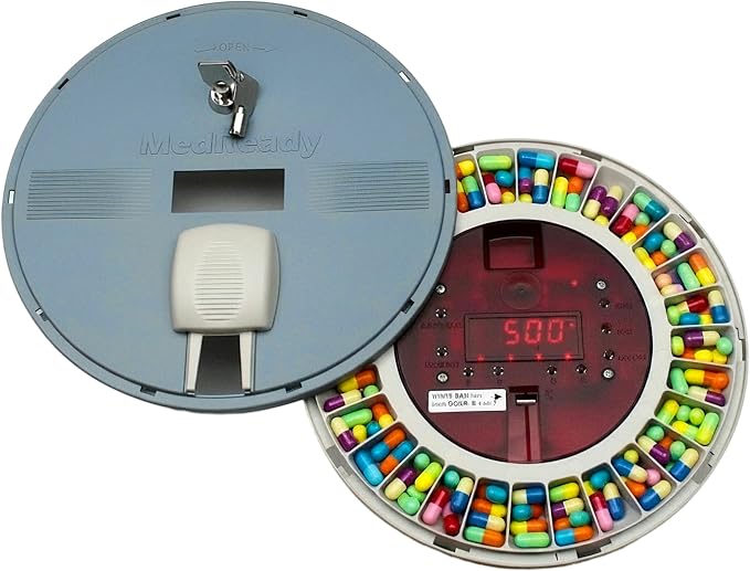 28-Day Automatic Pill Dispenser (1700FL) — Locked Medication Organizer with Sound & Flashing Light Alarm for Elderly & Hearing Impaired, Battery Backup, Made in USA