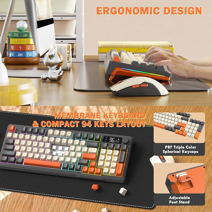 ZIYOU LANG T96 Wireless Gaming Keyboard and Mouse Combo,Dual Bluetooth//2.4G RGB Backlit Mechanical Feeling Keyboard with Smart Display & Knob,4000 DPI Gaming Mouse for PC Laptop Mac Wins-Shimmer