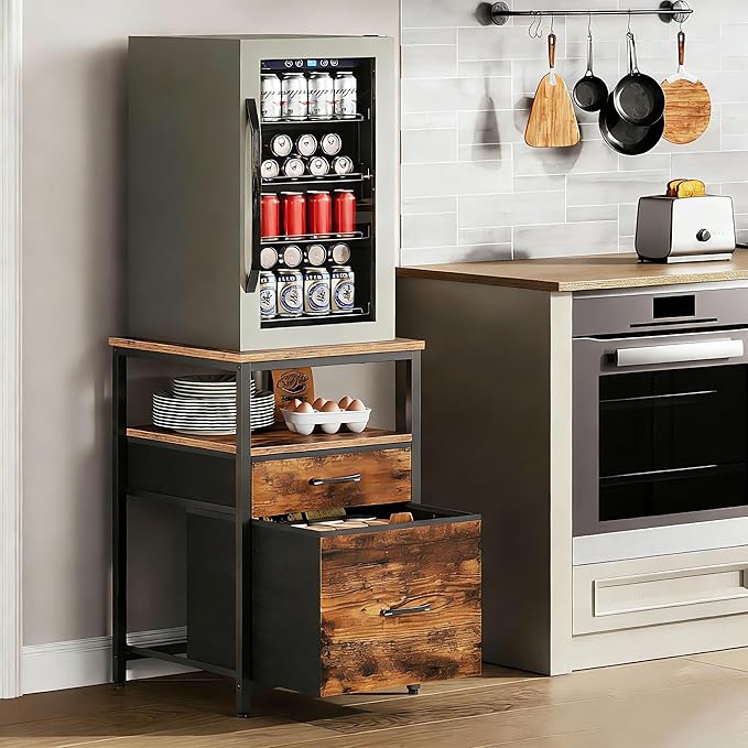 Herture Mini Fridge Stand with 3 Storage, Mini Fridge Cabinet, Beverage Fridge Table, Heavy Duty 18.11" L* 18.11" W Tabletop, for Dorm, Apartment,Office, Bedroom Rustic Brown HB03BXN