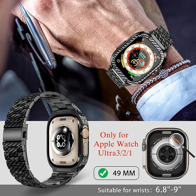 MioHHR Stainless Steel Band and Case Compatible with Apple Watch Band 49mm, Men Metal Protective Bumper Cover for iWatch Series Ultra 3/2/1, Black Pattern