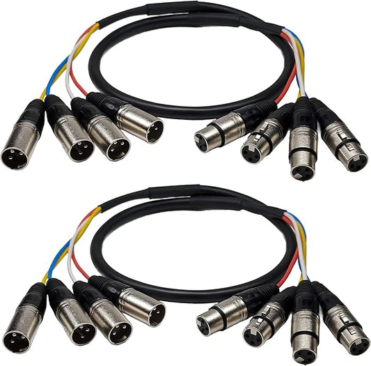 2-Pcs 4-Channel XLR Male to Female Audio Snake Cable, Color Coded for Live, Recording, Studios, Mixers, IEM & Mic Systems, 3Ft