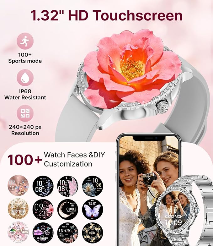 LIGE Smart Watches for Women,1.32" HD Fitness Tracker Watch with Answer/Make Call,AI Voice Control,Heart Rate/Calories/SpO2 Monitor 100+ Sport Modes Ladies Silver Smart Watch for Android iOS 2 Straps