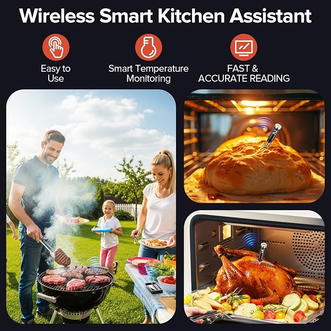 ROUUO Smart Wireless Meat Thermometer with Dual Probes - Advanced Bluetooth Cooking Thermometer for Perfect Grilling, Smoking, Oven Roasting & Air Frying, Long Range Monitoring & Smart Alerts（Black