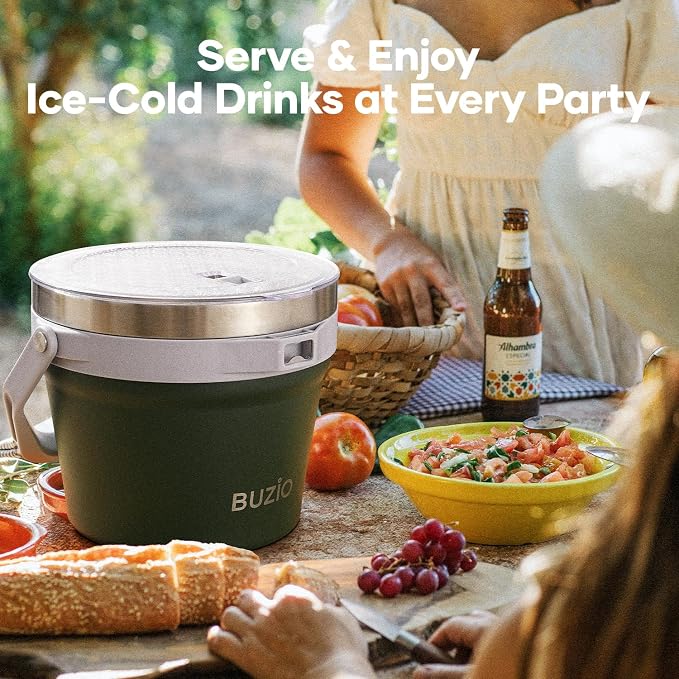 BUZIO 7 L Ice Bucket with Lid and Scoop & Tongs, Vacuum Insulated Stainless Steel Ice Buckets with Handle and Adjustable Shoulder Strap, Large Beverage Bucket for Cocktail Bar Champagne, Green