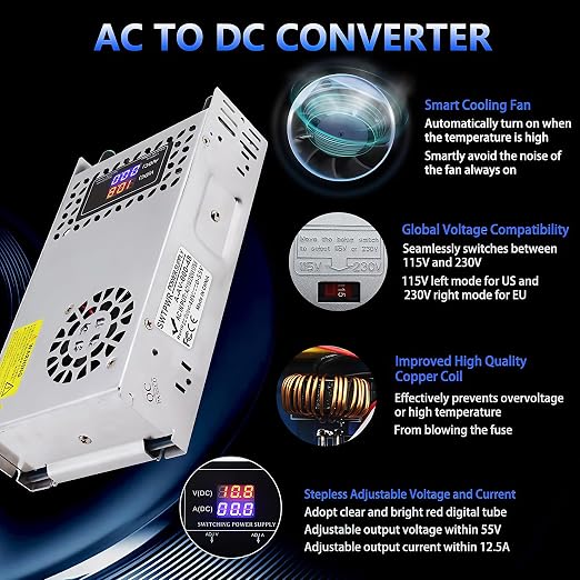 Adjustable Power Supply DC 0-48V 0-12A 600W with LED Display 48V Power Supply Variable AC to DC Converter 110V to 48V Designed for LED Light Car Stereo Electronics (48V-12A-600W, DC48V)