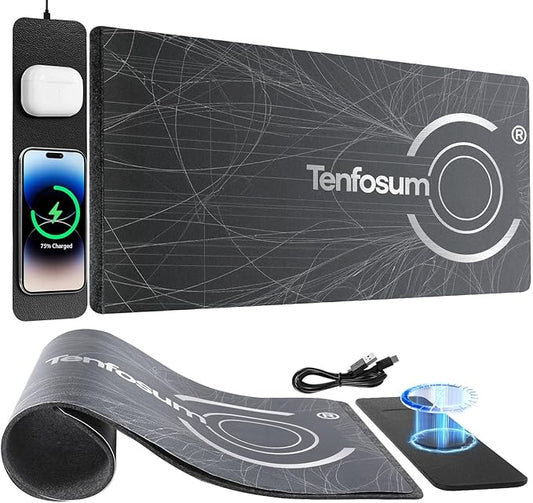 Wireless Charging Mouse Pad 30"x15" XXL Large Desk Mat with Wireless Charger Two Layers Thicken PU+Felt Waterproof Mousepad for Laptop, 2 in 1 Charging Station for iPhone