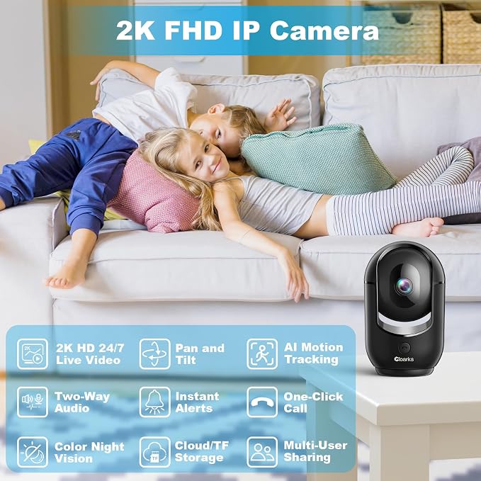 Cloarks 2K Pan/Tilt Security Camera, WiFi Indoor Cameras for Home Security with AI Motion Detection, Pet/Dog/Baby Camera with Phone App, 2-Way Audio, 24/7, Siren, TF/Cloud Storage，Black
