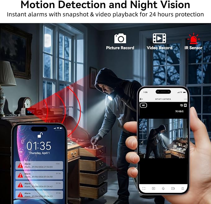 Wireless Security Mini Camera, 4K Full HD Nanny Cam with Alarm Clock and Bluetooth Speaker, Excellent Night Vision & Motion Detection Alarm, Mobile Phone Remote APP Control, Support 5G and 2.4G