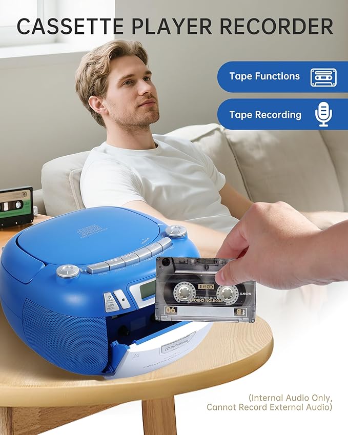 Boombox CD Player with Bluetooth and Cassette Player | Portable AM/FM Radio, MP3/USB/AUX Input, Stereo Sound System with Recorder, AC & Battery Powered for Home & Outdoor