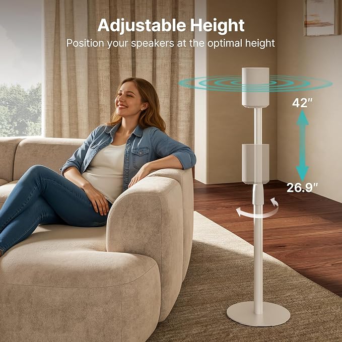 PEGZONE Speaker Stand Compatible with Sonos Era 100 and Era 300, Height-Adjustable from 26.9"-42", Cable Management, 11lbs Capacity, White, 1 Pack(Single)