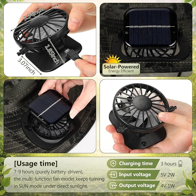 Maiteenly 2 Pcs Solar Fan Hat for Men with Neck Flap Bucket Fan Buit in Hats for Hiking Fishing Outdoor USB and Solar Powered