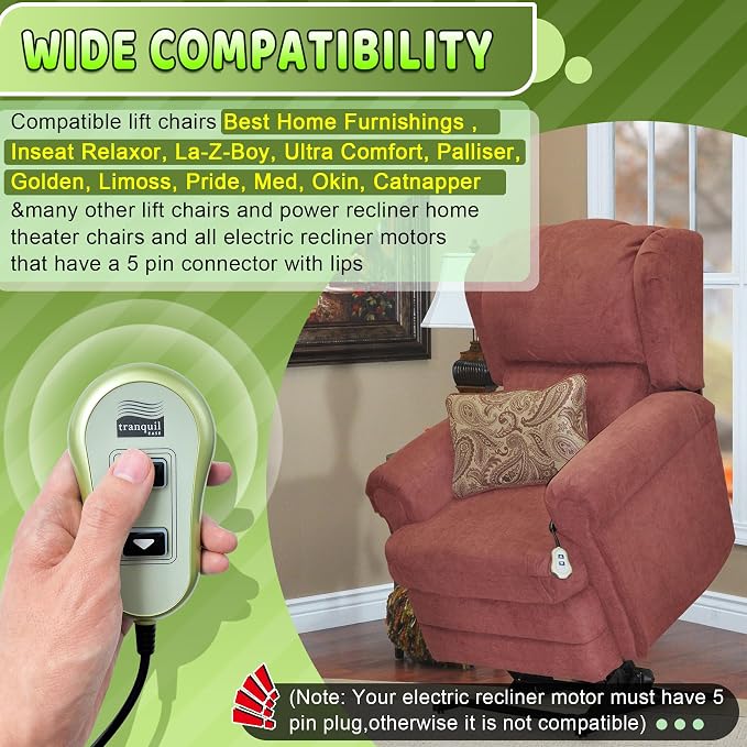 Upgraded Tranquil Ease 11560UX & 11560 5 Pin Lift Chair Remote Fit for Inseat, Best Home Furnishings Lift Chairs, Lighted Hand Control, Power Recliner Switch Three-Year Free Replacement