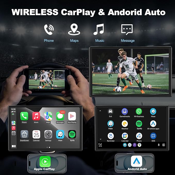 9'' Wireless CarPlay Screen for Car, Apple Car Play & Android Auto Car Stereo HD Touchscreen with 4K Dash Cam & 1080P Backup Camera, GPS Navigation & Mirror Link, for Most Vehicles