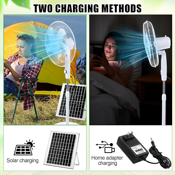 Blosssound 16 Inch Portable Solar Floor Fan Rechargeable Oscillating Standing Pedestal Fan with Solar Panel, 12000mah Battery, Two Charging Methods, 3 Speeds for Home Office Outdoor(White)