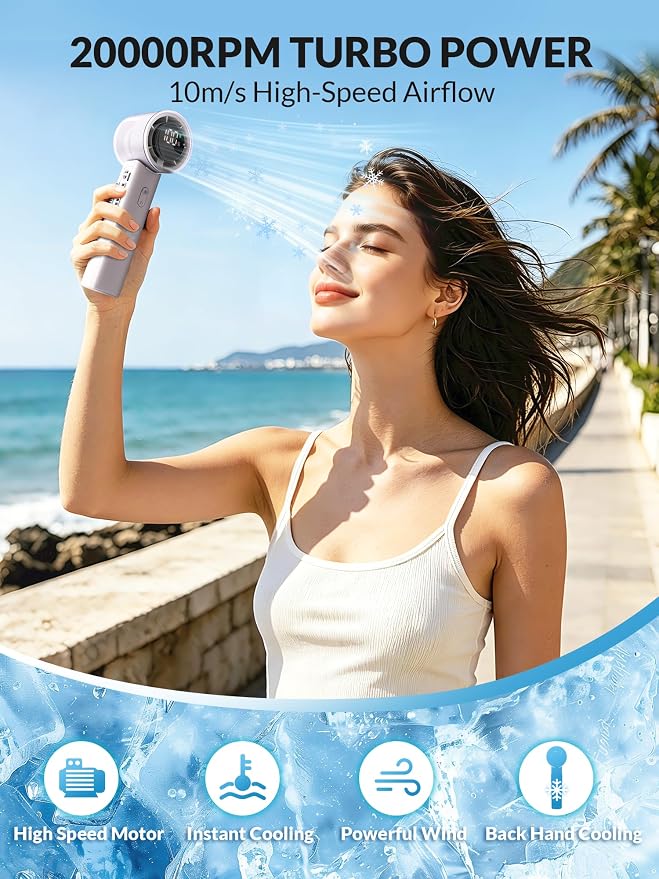 Semiconductor Ice Cooling Fans That Blow Cold Air,Portable Fan | handheld,rechargeable,hand cooling,4500mAh,6-speed,20000 RPM turbo,digital display,Ideal for camping,commuting & outdoor use