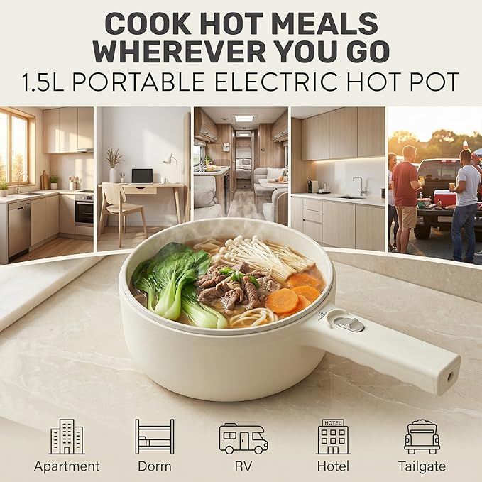 CERAMAX PRO Electric Hot Pot with Lid & Steamer, 1.5L Non Toxic Ceramic Cooker Skillet for Ramen, Eggs, Pasta for Dorms, Camping, RVs, Work, Adjustable Temp. - New Improved 2026 Model