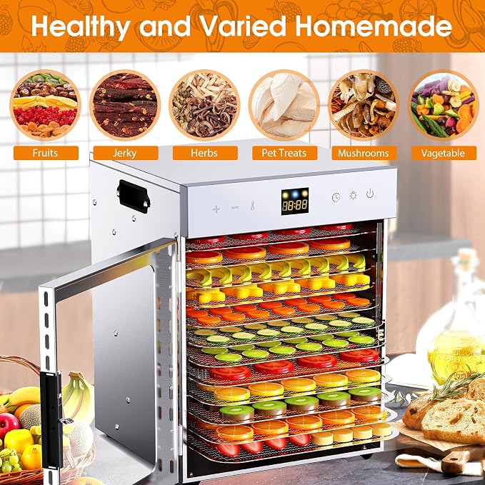 Food Dehydrator for Jerky, 12 Stainless Steel Trays, 1200W Fruit Dehydrator, 24H Timer and 190°F Temperature Control, Overheat Protection, Food Dryer for Jerky, Herbs, Fruit, Dog Treats