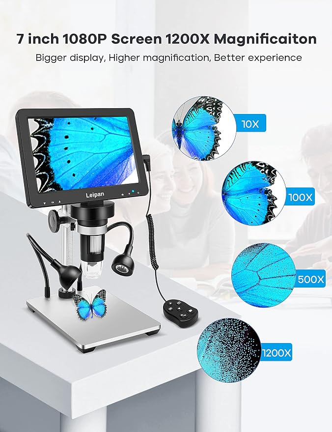 7" LCD Digital Microscope 1200X,Leipan 12MP Coin Microscope with Screen for Adults,1080P Coin Magnifier with 12pcs Slides,Wired Remote,2 Side Lights,Windows/Mac OS Compatible