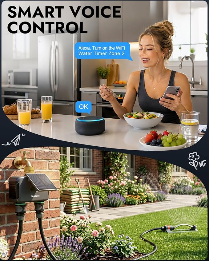Insoma Solar WiFi Water Timer 2 Zone, Solar&Type-C Rechargeable Smart Sprinkler Timer w/Adjustable 120° Solar Panel, APP&Voice Control Automatic Irrigation for Garden Hose Lawn, No Gateway Required