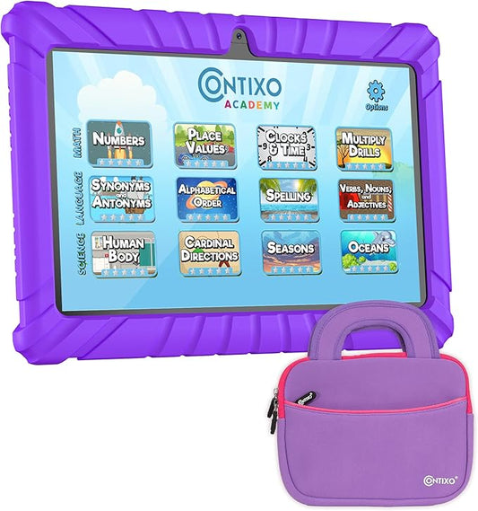 Contixo 7 inch Kids Tablet - V8 Tablet for Kids and Sleeve Bag Bundle, Age 3-7, Learning Tablet for Children with Teacher's Approved Apps, 32GB, Android 11, Parental Controls - Purple (Girls)