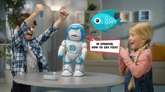 LEXiBOOK Powerman Kid - Educational and Bilingual English/Spanish Robot - Walking Talking Dancing Singing Toy - STEM Programmable Telling Creating Stories - Quizzes Shooting Discs for Kids - ROB90US