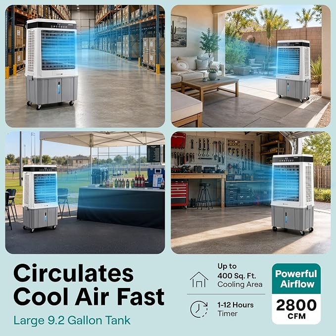 SereneLife Portable Air Cooler with 2800 CFM Power – High-Performance Evaporative Air Cooler for Indoor and Outdoor Spaces, 35 L Tank, 60° Oscillation, 12-Hour Timer, Remote Control Cooling System