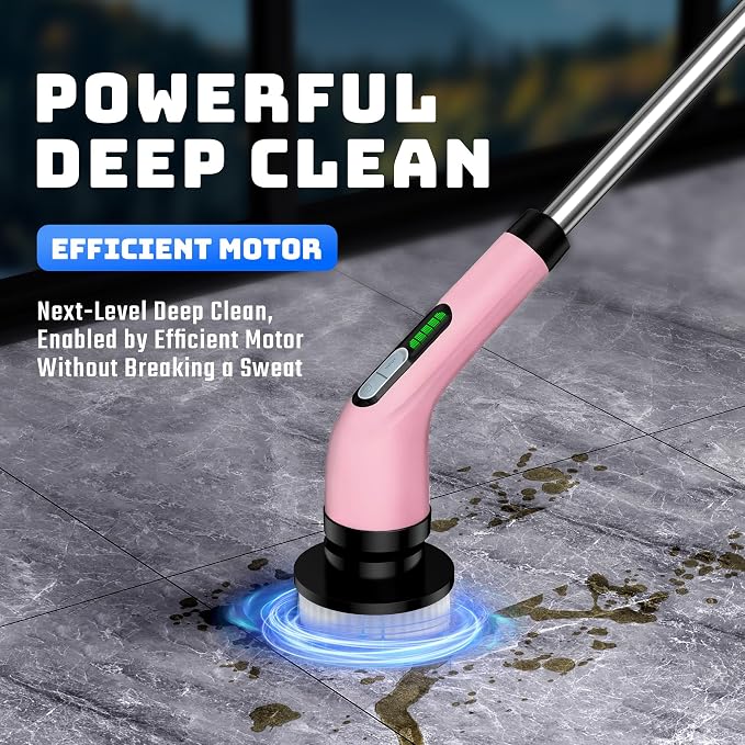 Electric Spin Scrubber - Cordless Bathroom Scrubber with 7 Brush Heads - Dual Speed IPX7 Waterproof Power Scrubber for Heavy-Duty Bathtub, Glass, Tile, and Car Cleaning (Pink)