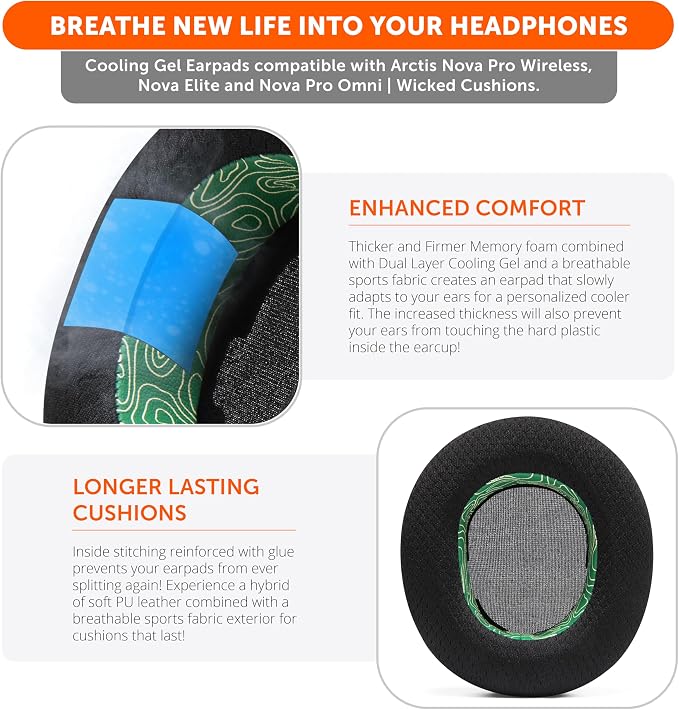 WC Freeze Nova Pro Wireless - Cooling Gel Earpads for Arctis Nova Pro Wireless, Nova Elite & Nova Pro Omni (Doesn’t Fit Other Models), by Wicked Cushions, Extra Thick & Comfortable | Emerald Tide