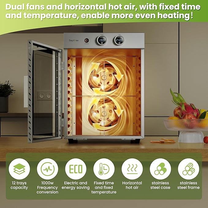 Food Dehydrators Machine with 12 Stainless Steel Trays with Timer Setting Temperature Adjusted 68 ℉ to 194 ℉ Dryer for Herb Fruit Meat Vegetables Mushroom Beef for Commercial Household Dark Black