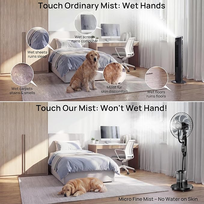 Misting Fan, 16'' Standing Fan with Humidifier, Oscillating Fan with 9 Speeds 7H Timer, Fan for Bedroom, Pedestal Fan Indoor Only - 2026 Upgraded