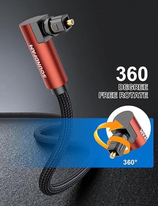 90-Degree Optical Audio Cable 6ft, 360° Swivel Right Angle Toslink Cable with Flexible Cotton Braid, Compatible with Soundbar, TV, PS5, Xbox, Home Theater for Lossless Audio