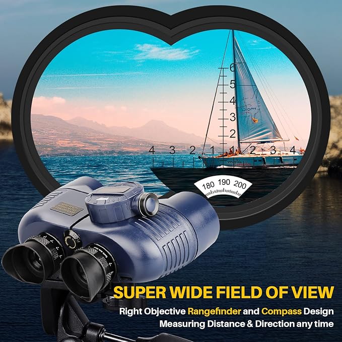 10x50 Marine Binoculars with Compass for Adults - Waterproof BAK4 Prism FMC Lens Binoculars with Rangefinder Compass and Shoulder Harness Strap for Navigation Hunting Bird Watching