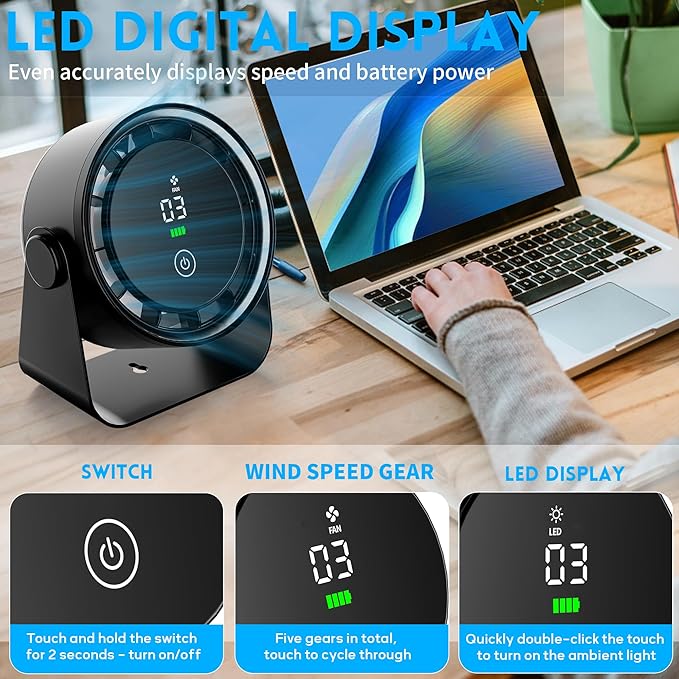 Small Desk Fan Battery Powered - Black Low Noise Quiet Portable Gentle Blowing without Headaches for Office Bedroom Sleep Living Room Table Top Wall Hanging Kitchen Travel Camping 5-Speed 360 Rotation