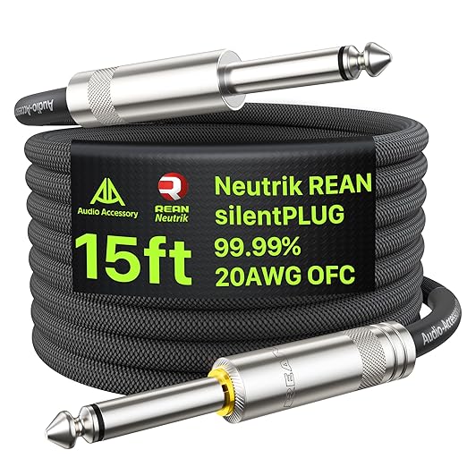 AA AUDIO ACCESSORY Silent Guitar Cable 15 ft, Neutrik REAN silentPLUG, Kevlar-Reinforced Nylon Braided Anti-Kinking, Auto Mute 20 AWG 99.99% OFC 1/4 Instrument Cable, Shielded Amp Cord for Bass Guitar
