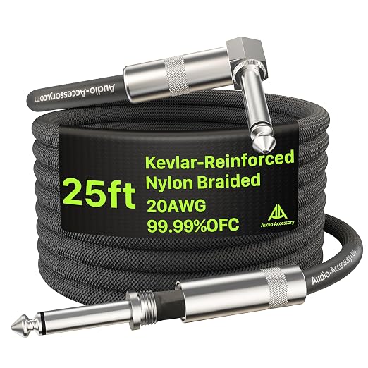 AA AUDIO ACCESSORY 1/4 Instrument Cable 25 ft, 20AWG 99.99% OFC - A Must for Long Guitar Cable, Nylon Braided Anti-Kinking Kevlar-Reinforced, AL&OFC Shielded Amp Cord for Fender Electric Guitar
